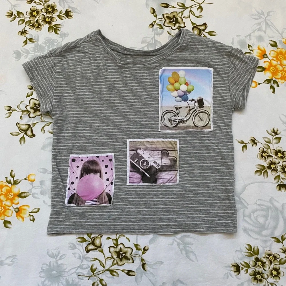 Justice Size 8 Striped Shirt with Joyful Patches
